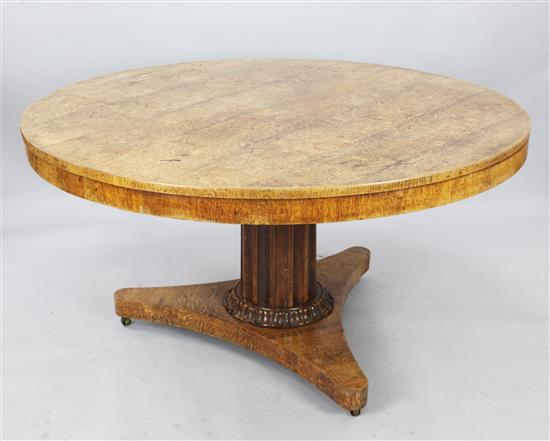 A Victorian circular oak pedestal dining table and six oak dining chairs, table diameter 4ft. 9in. H. 2ft 6in.